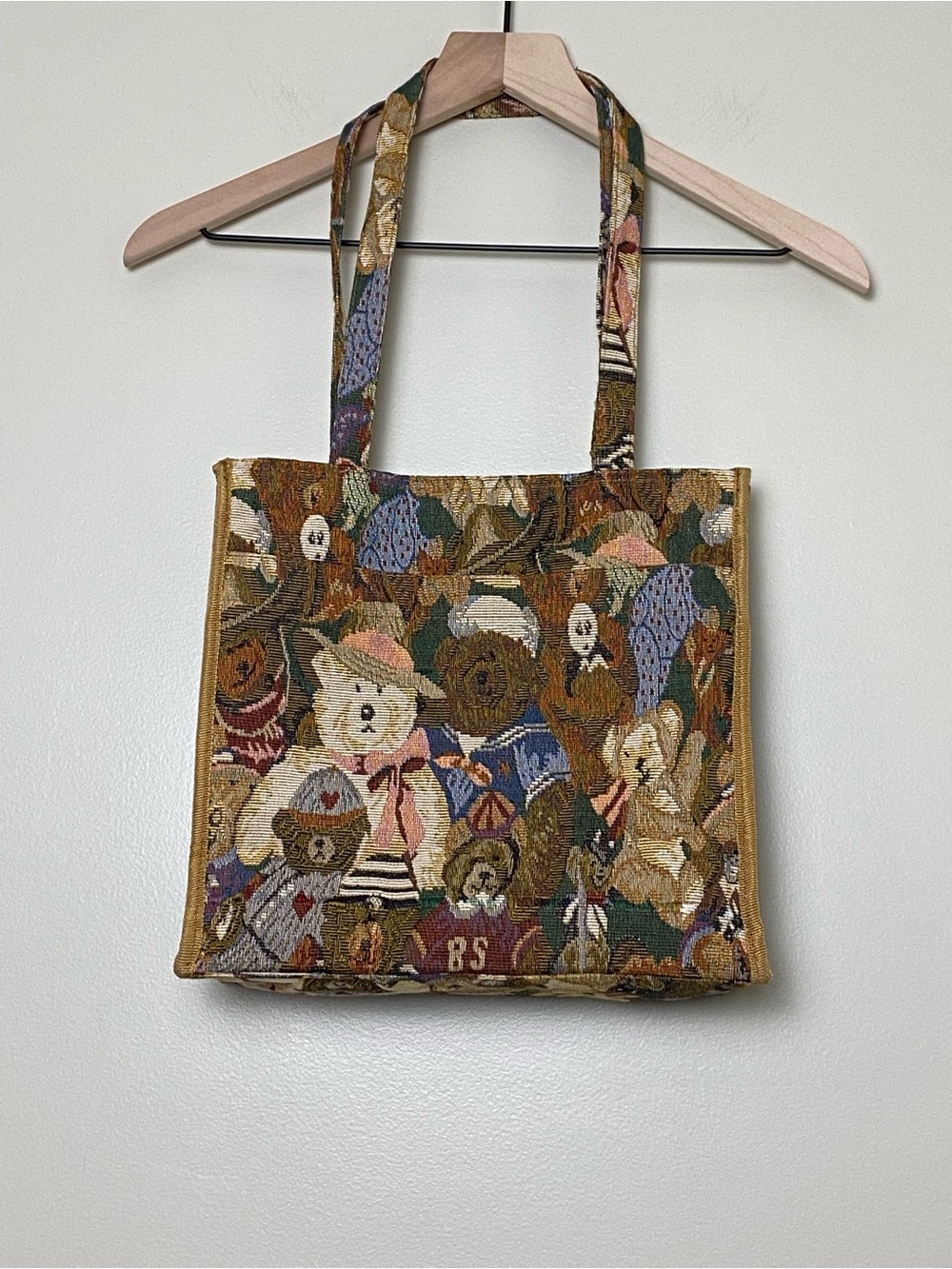 Vintage 90s Tapestry Teddy Bear Tote Bag Grandmacore Cottage Woven Purse - Picture 2 of 16